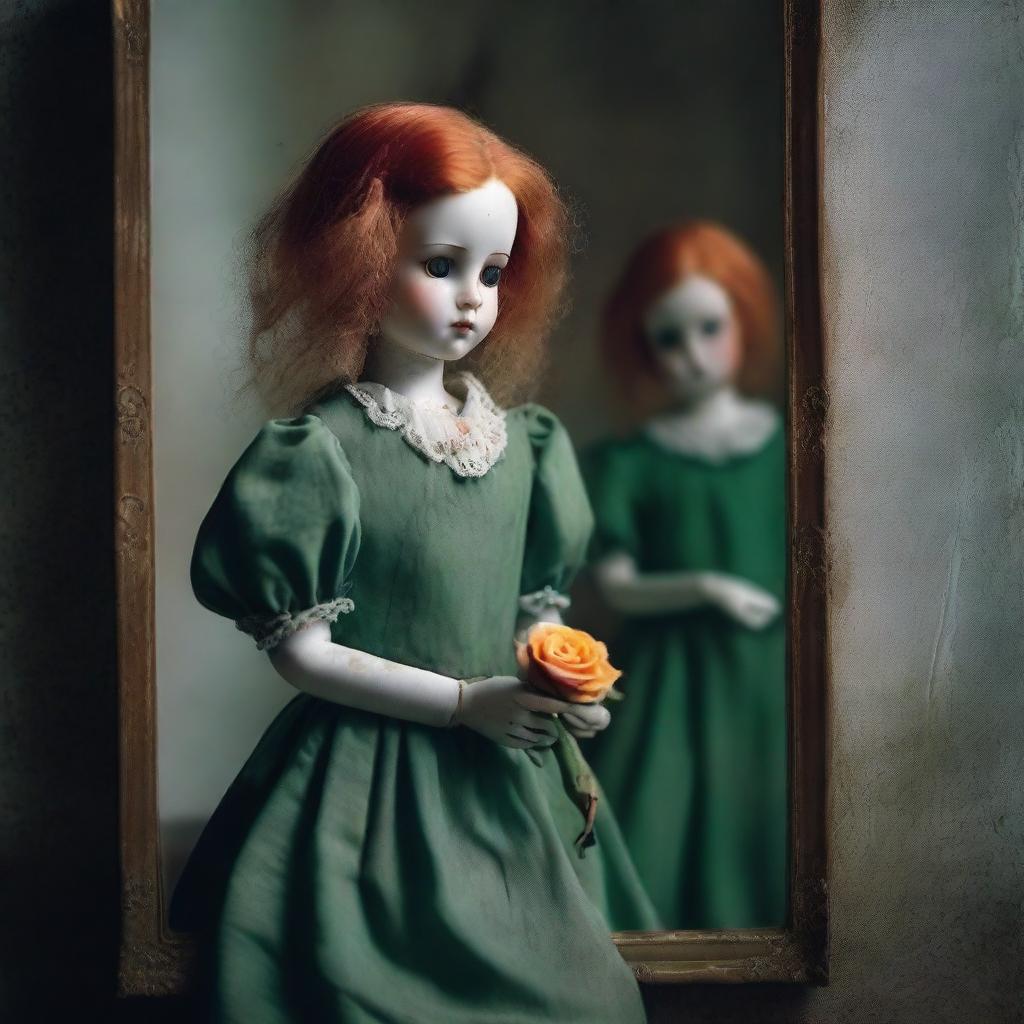 A broken porcelain doll, with a green dress and orange hair, holding a rose in her hand