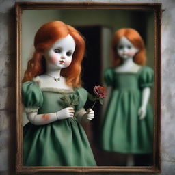 A broken porcelain doll, with a green dress and orange hair, holding a rose in her hand