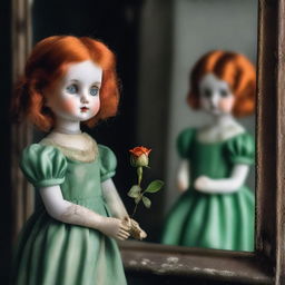 A broken porcelain doll, with a green dress and orange hair, holding a rose in her hand