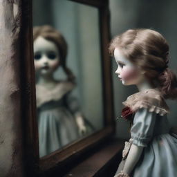 A porcelain doll, broken, with a rose in her hand, looking in front of herself in a dirty old mirror