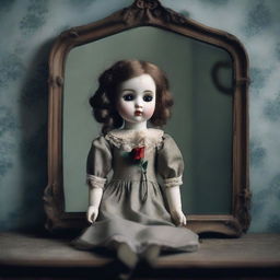 A porcelain doll, broken, with a rose in her hand, looking in front of herself in a dirty old mirror