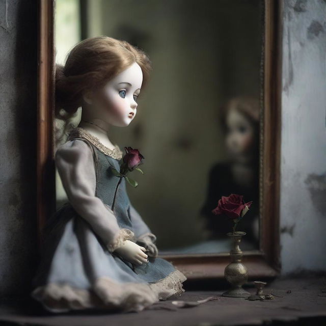 A porcelain doll, broken, with a rose in her hand, looking in front of herself in a dirty old mirror