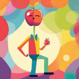 A whimsical illustration of a man with an apple for a head, standing in a playful pose