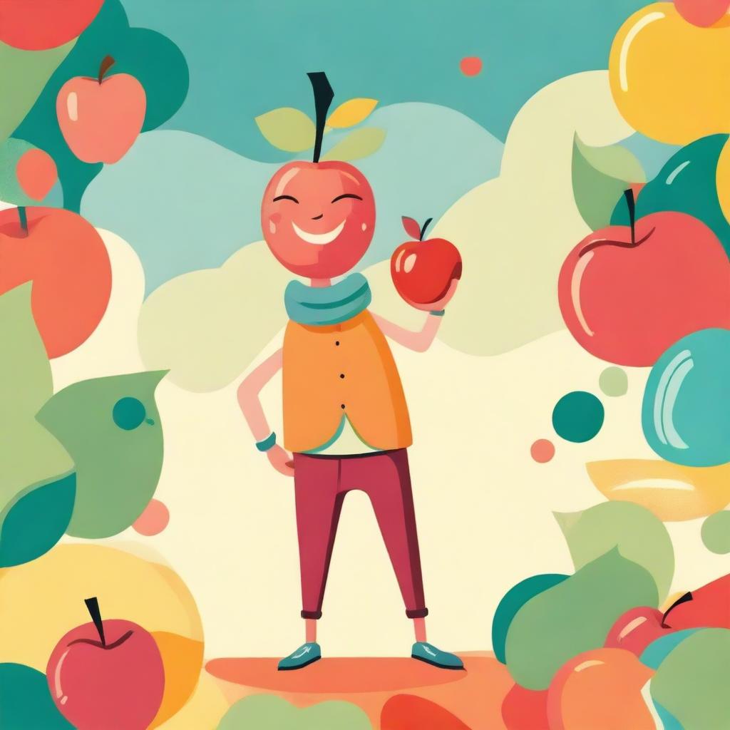 A whimsical illustration of a man with an apple for a head, standing in a playful pose