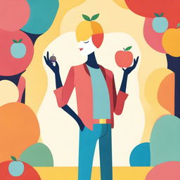 A whimsical illustration of a man with an apple for a head, standing in a playful pose