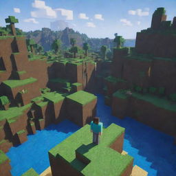 An immersive Minecraft landscape with a pixelated character, face mirroring surprise, slightly closer to the forefront, standing as a colorful key point of interest within this captivating blocky world.