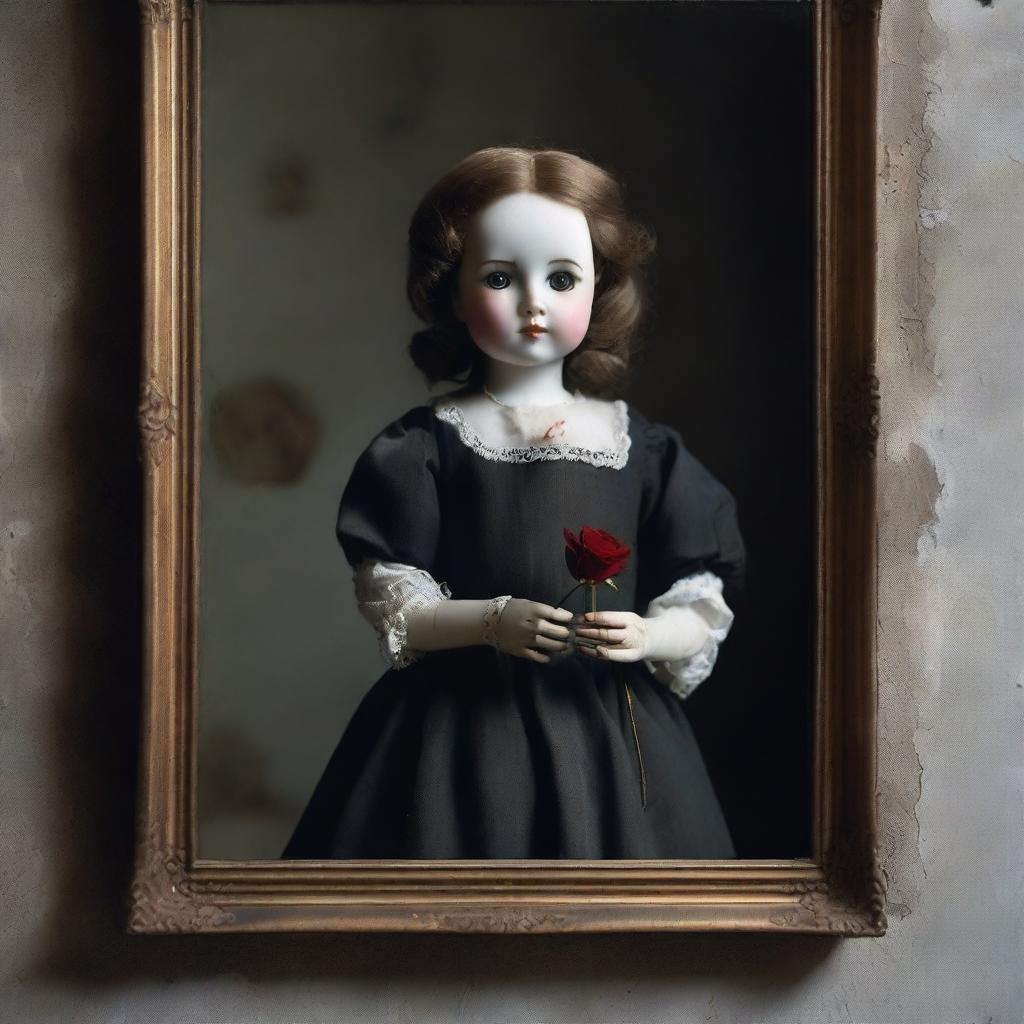 A porcelain doll, broken, with a rose in her hand, looking in front of herself in a dirty old mirror