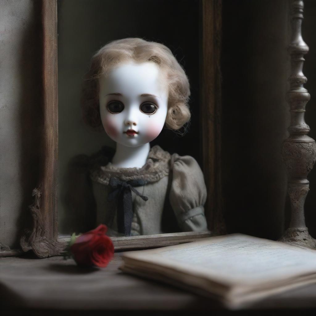 A porcelain doll, broken, with a rose in her hand, looking in front of herself in a dirty old mirror