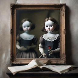 A porcelain doll, broken, with a rose in her hand, looking in front of herself in a dirty old mirror