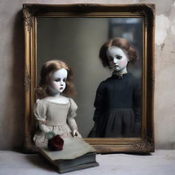 A porcelain doll, broken, with a rose in her hand, looking in front of herself in a dirty old mirror