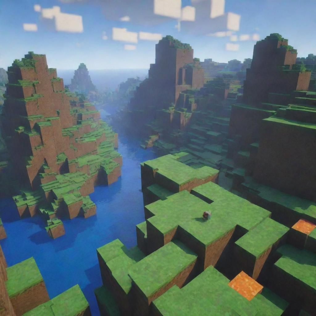 An immersive Minecraft landscape with a pixelated character, face mirroring surprise, slightly closer to the forefront, standing as a colorful key point of interest within this captivating blocky world.