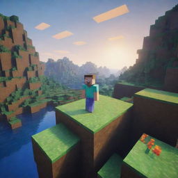 An immersive Minecraft landscape with a pixelated character, face mirroring surprise, slightly closer to the forefront, standing as a colorful key point of interest within this captivating blocky world.