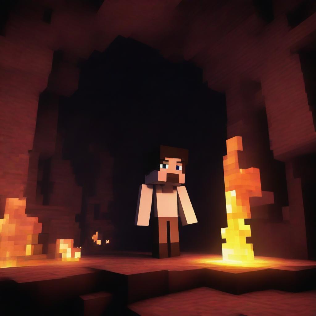 A terrifying scene in Minecraft where the player encounters Herobrine in a dark, eerie cave