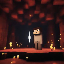 A terrifying scene in Minecraft where the player encounters Herobrine in a dark, eerie cave