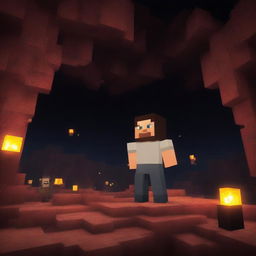 A terrifying scene in Minecraft where the player encounters Herobrine in a dark, eerie cave