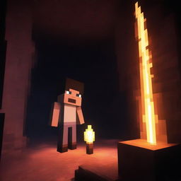 A terrifying scene in Minecraft where the player encounters Herobrine in a dark, eerie cave