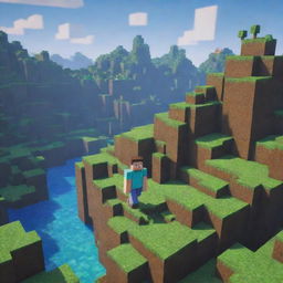 A highly-detailed Minecraft landscape with a pixelated character a bit closer to the viewer, expression exaggeratedly surprised, standing out as a prominent and colorful detail in this fascinating blocky world.