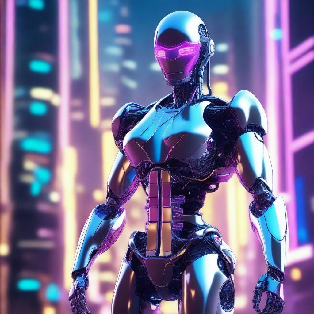 A futuristic AI robot with a large, muscular build and feminine features, including a prominent chest