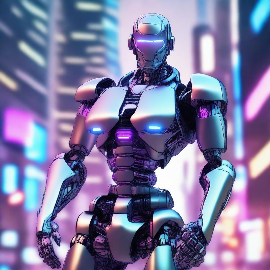 A futuristic AI robot with a large, muscular build and feminine features, including a prominent chest