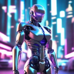 A futuristic AI robot with a large, muscular build and feminine features, including a prominent chest