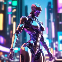 A futuristic AI robot with a large, muscular build and feminine features, including a prominent chest