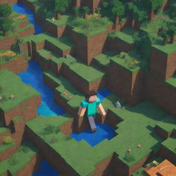 A highly-detailed Minecraft landscape with a pixelated character a bit closer to the viewer, expression exaggeratedly surprised, standing out as a prominent and colorful detail in this fascinating blocky world.