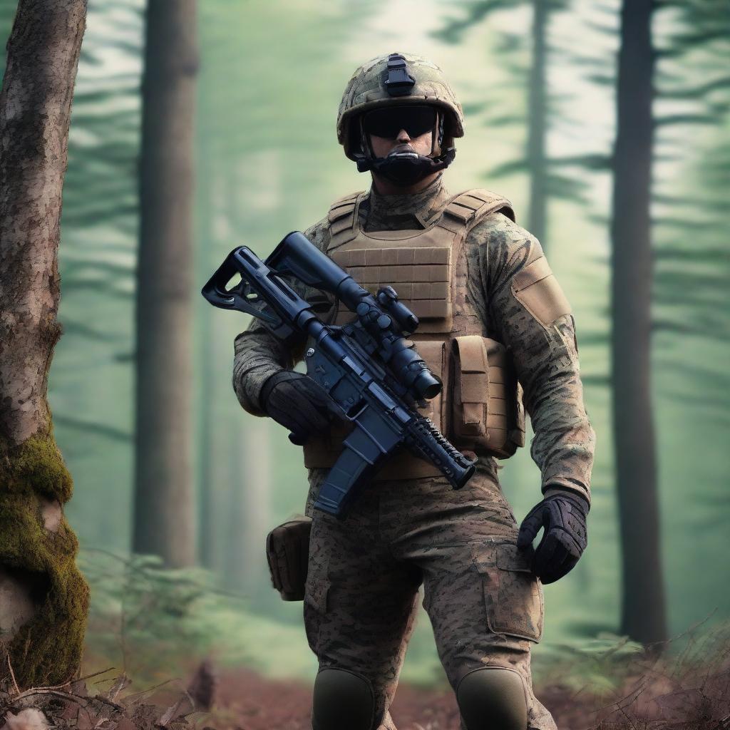 A detailed image of a marine man dressed in military camouflage gear