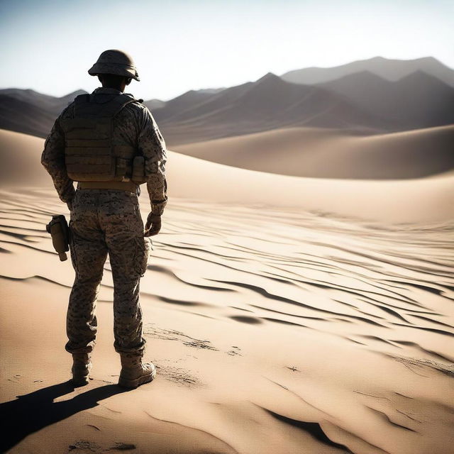 A marine in military camouflage standing with his back to the viewer, casting shadows in a desert environment