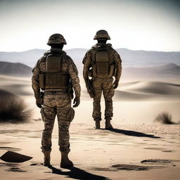 A marine in military camouflage standing with his back to the viewer, casting shadows in a desert environment