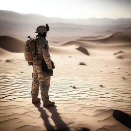 A marine in military camouflage standing with his back to the viewer, casting shadows in a desert environment