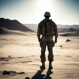 A marine in military camouflage standing with his back to the viewer, casting shadows in a desert environment