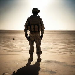 A marine in military camouflage standing with his back to the viewer, casting shadows in an Iraqi desert environment