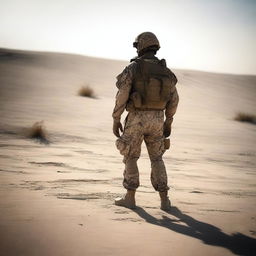 A marine in military camouflage standing with his back to the viewer, casting shadows in an Iraqi desert environment