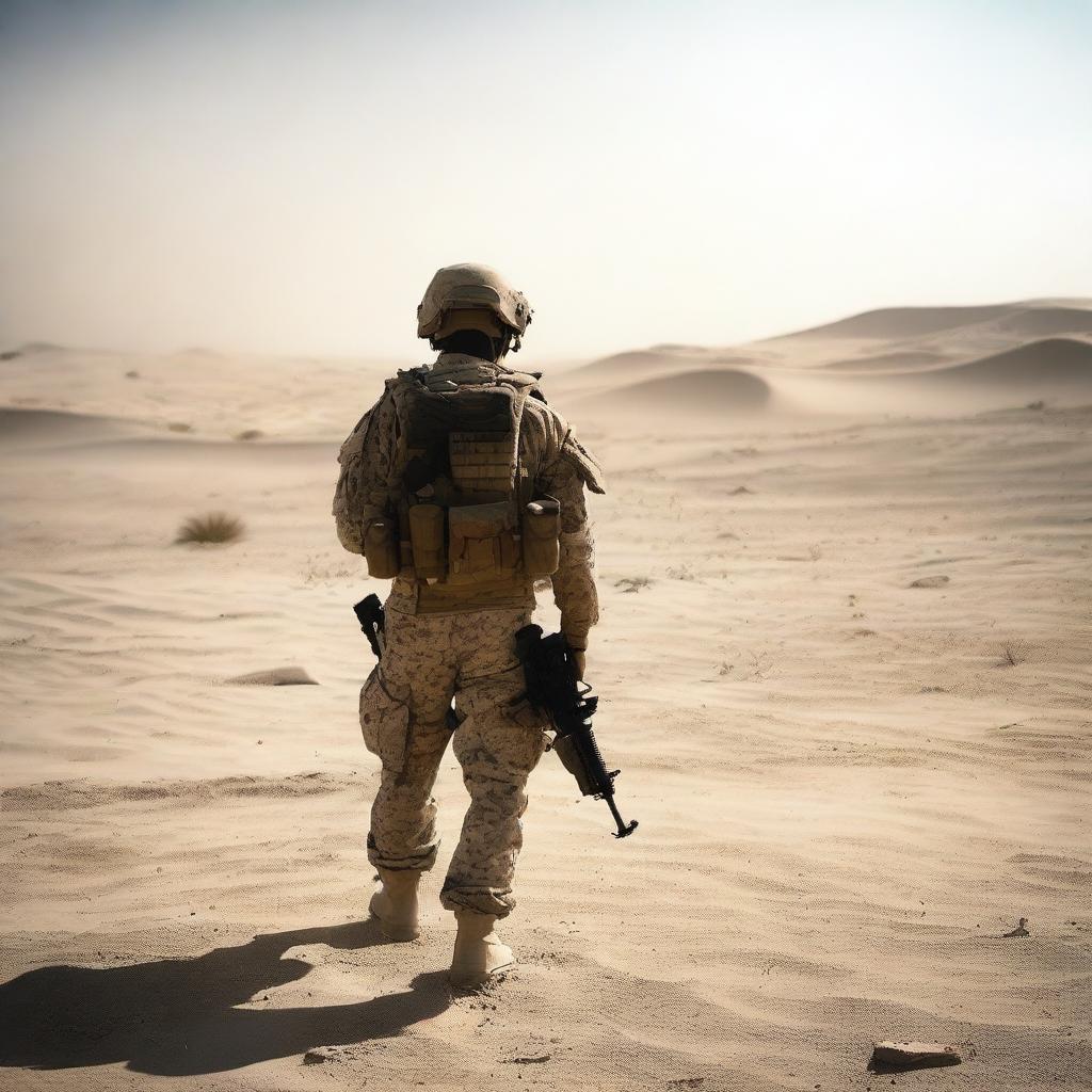 A marine in military camouflage standing with his back to the viewer, casting shadows in an Iraqi desert environment