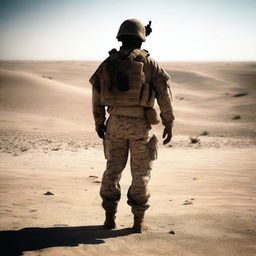 A marine in military camouflage standing with his back to the viewer, casting shadows in an Iraqi desert environment