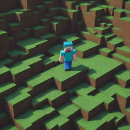 A Minecraft landscape backdrop with a pixelated character even closer to the viewer, facial expression now dramatically surprised, serving as the primary focal point within this intriguing, blocky, gaming world.