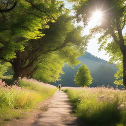 A person walking along a scenic path surrounded by nature, with trees and flowers on either side