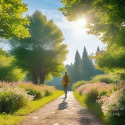 A person walking along a scenic path surrounded by nature, with trees and flowers on either side