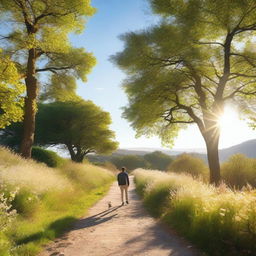 A person walking along a scenic path surrounded by nature, with trees and flowers on either side