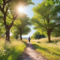 A person walking along a scenic path surrounded by nature, with trees and flowers on either side