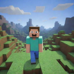 A Minecraft landscape backdrop with a pixelated character even closer to the viewer, facial expression now dramatically surprised, serving as the primary focal point within this intriguing, blocky, gaming world.