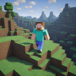 A Minecraft landscape backdrop with a pixelated character even closer to the viewer, facial expression now dramatically surprised, serving as the primary focal point within this intriguing, blocky, gaming world.