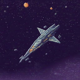 A pixel art depiction of a starship navigating through the vast expanse of space