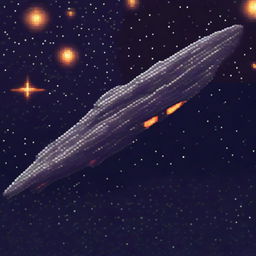 A pixel art depiction of a starship navigating through the vast expanse of space