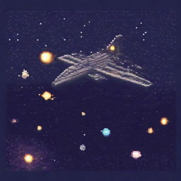 A pixel art depiction of a starship navigating through the vast expanse of space