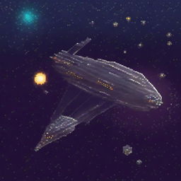 A pixel art depiction of a starship navigating through the vast expanse of space