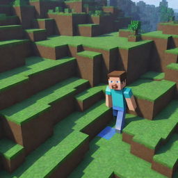 A Minecraft landscape backdrop with a pixelated character even closer to the viewer, facial expression now dramatically surprised, serving as the primary focal point within this intriguing, blocky, gaming world.