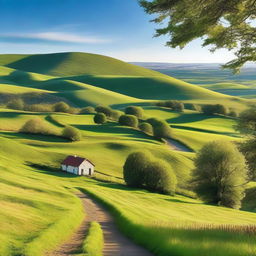 A serene and picturesque scene of a peaceful countryside with rolling hills, lush green meadows, and a clear blue sky