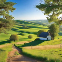 A serene and picturesque scene of a peaceful countryside with rolling hills, lush green meadows, and a clear blue sky