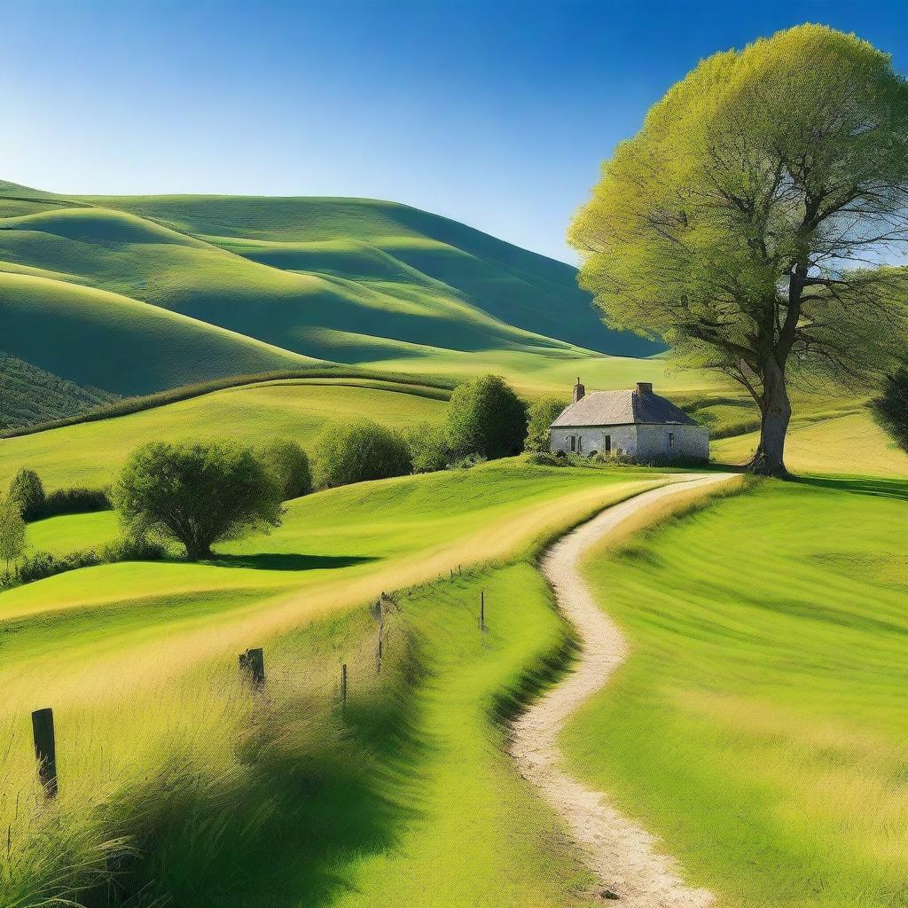 A serene and picturesque scene of a peaceful countryside with rolling hills, lush green meadows, and a clear blue sky